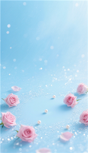 粉色玫瑰花珍珠湛蓝色背景图片